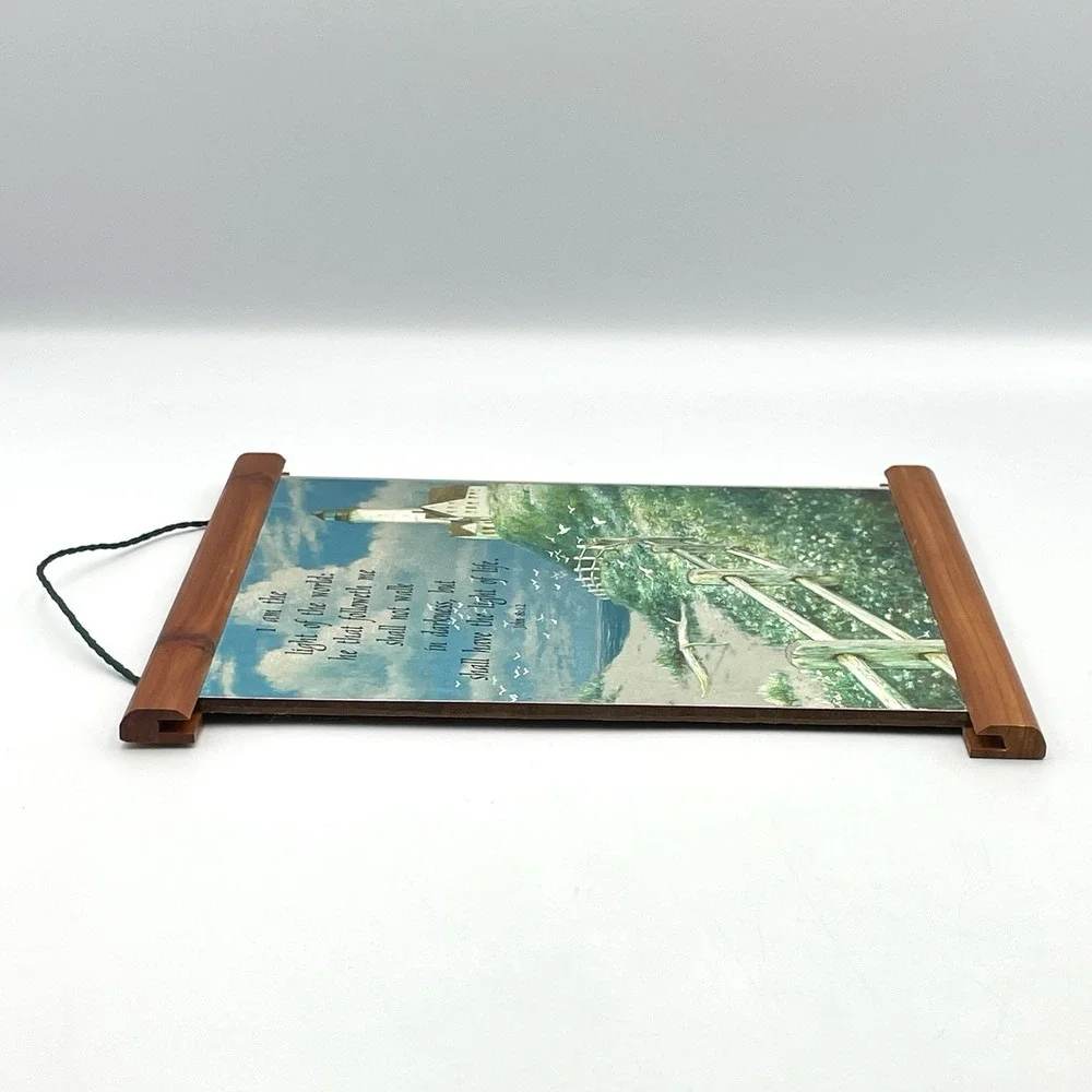 Vintage 1980s Christian Lighthouse Wall Hanging John 8:12 Foil‎ Art Plaque 9x7